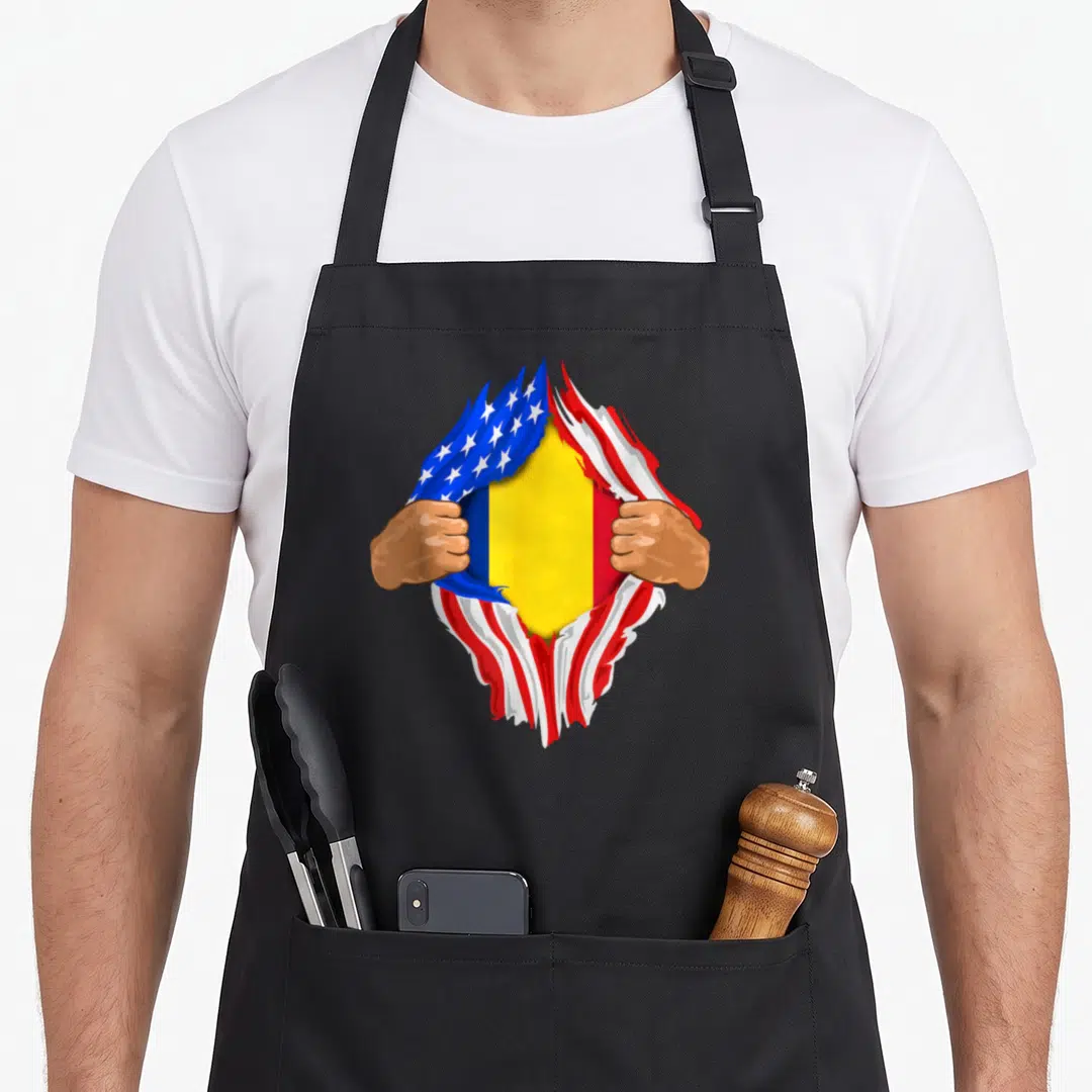 Blood romanian apron - Two brown hands tear USA flag revealing blue yellow red Romanian flag — shown on a black cotton canvas apron against a white background