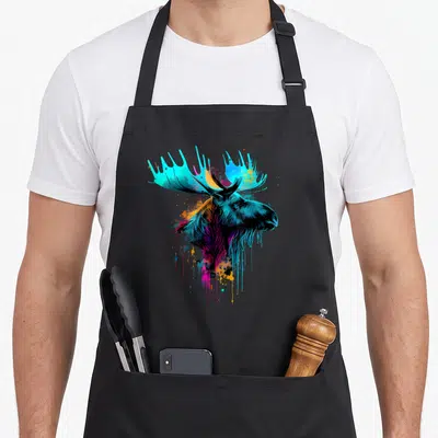 Moose colorful aprons - Cartoon moose head with dripping cyan blue purple orange yellow paint splatters — shown on a black cotton canvas apron against a white background