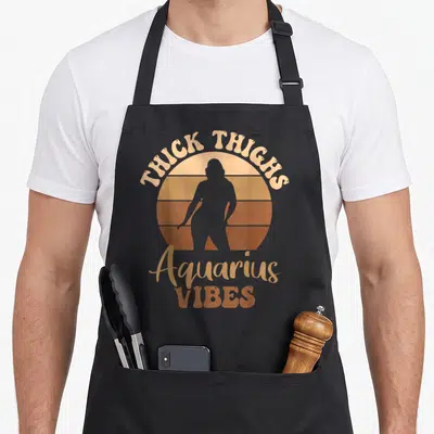 Melanin thick aprons - Retro graphic with THICK THIGHS text over striped circle and woman silhouette — shown on a black cotton canvas apron against a white background