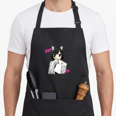 Cute drawing anime apron - Anime girl holding sketchbook and pencil with text I JUST REALLY love ANIME & SKETCHING OK? — shown on a black cotton canvas apron against a white background