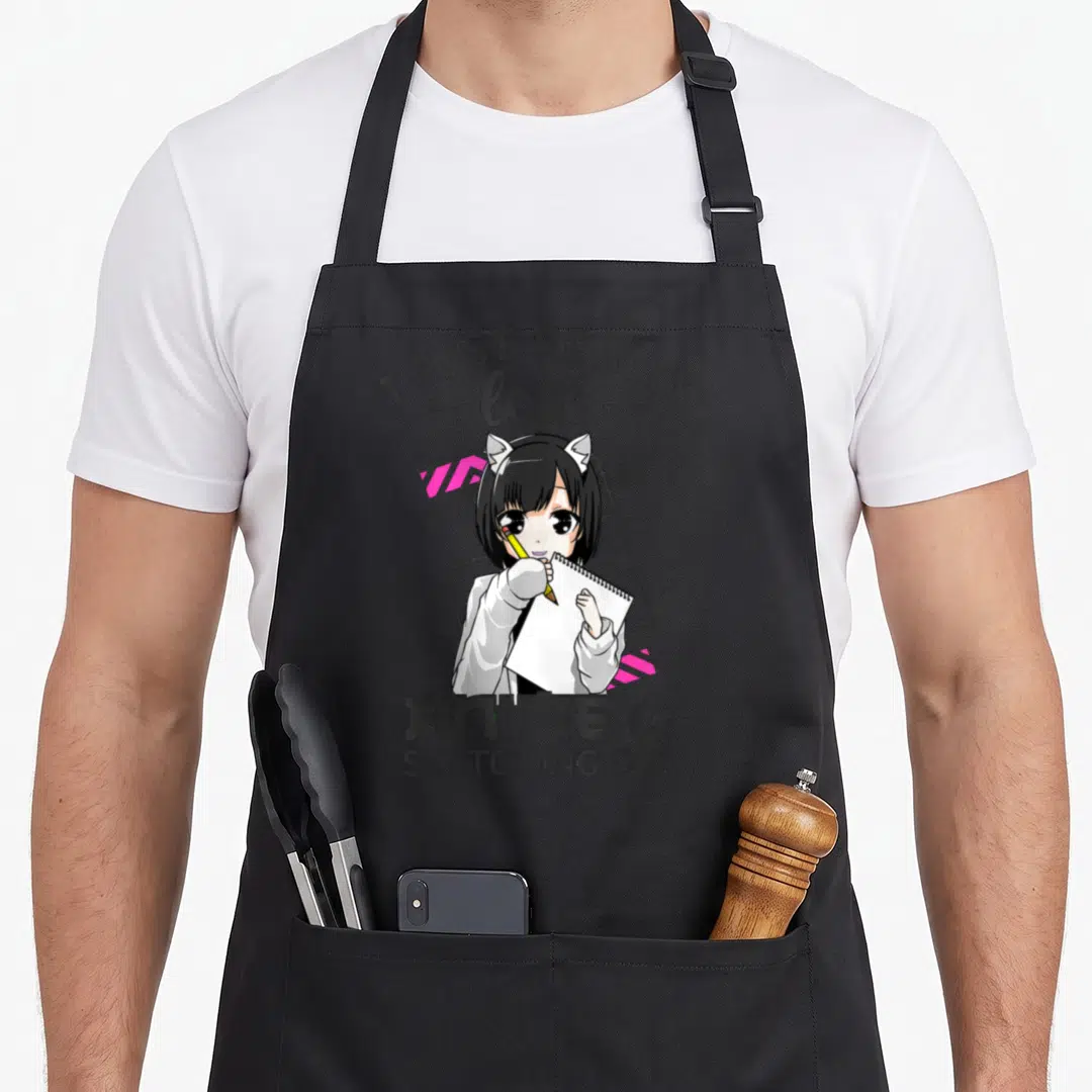 Cute drawing anime apron - Anime girl holding sketchbook and pencil with text I JUST REALLY love ANIME & SKETCHING OK? — shown on a black cotton canvas apron against a white background