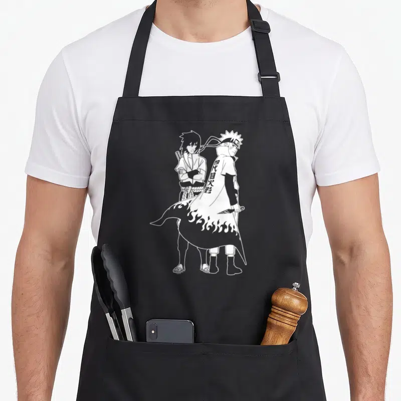 Shippuden outline of an apron - Two characters in white line art, one with Fourth Hokage kanji cloak and kunai — shown on a black cotton canvas apron against a white background