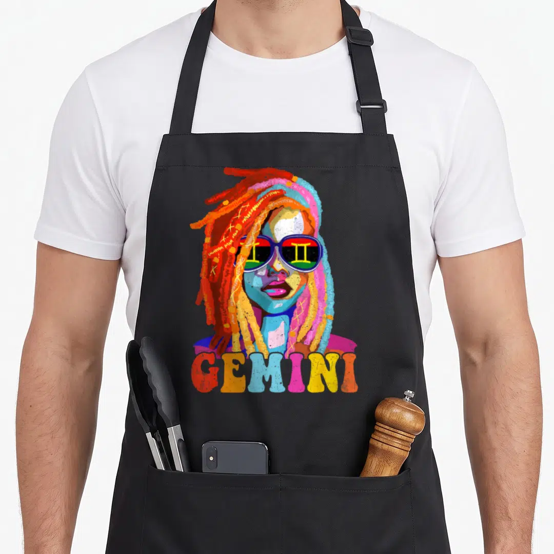 Locd african american aprons - Colorful cartoon Gemini portrait with multi-colored dreadlocks and sunglasses — shown on a black cotton canvas apron against a white background