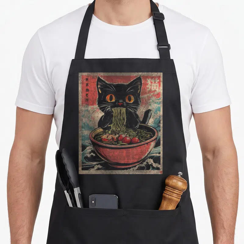 Ramen cat apron - Black cat eating noodles from red bowl with RAMEN text and blue waves — shown on a black cotton canvas apron against a white background