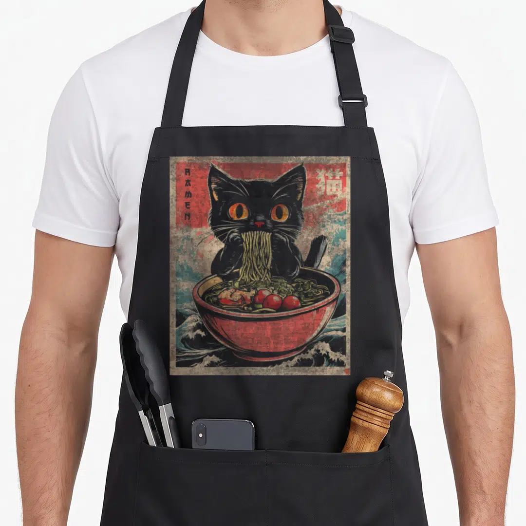 Ramen cat apron - Black cat eating noodles from red bowl with RAMEN text and blue waves — shown on a black cotton canvas apron against a white background