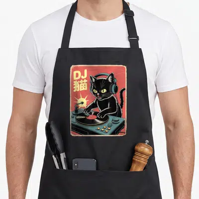 Djing cat apron - Retro black cat wearing headphones at teal turntable with yellow DJ and Japanese text on red — shown on a black cotton canvas apron against a white background