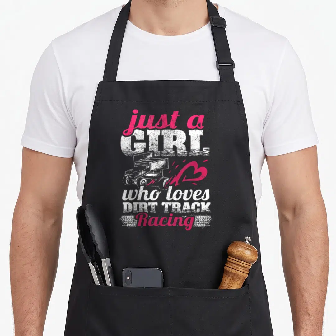 Sprint car track apron - Pink and white distressed text with race car and heart graphic — shown on a black cotton canvas apron against a white background