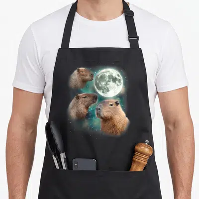 Capybara weird aprons - Three brown capybara heads surrounding a full moon on a starry blue background — shown on a black cotton canvas apron against a white background