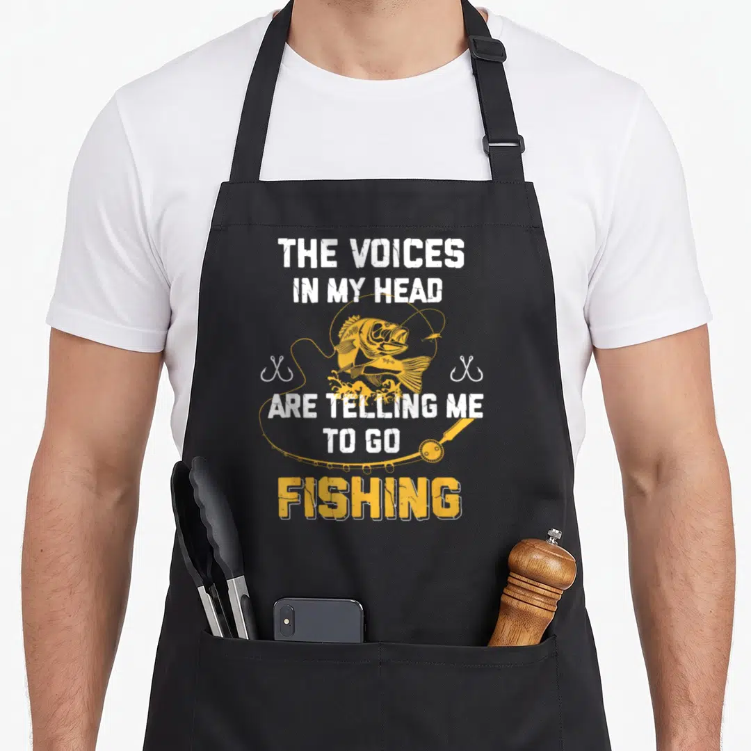 Funny fishing fisherman apron - Distressed white text and orange fish with hooks on fishing line — shown on a black cotton canvas apron against a white background