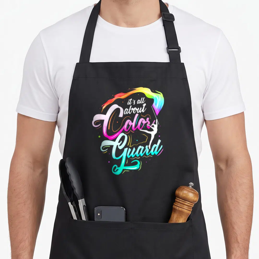 Member color guard apron - Rainbow flag flowing from performer with pink cyan yellow green blue white script text — shown on a black cotton canvas apron against a white background