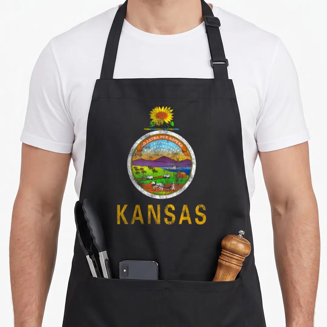 Flag kansas apron - Kansas state seal with sunflower, AD ASTRA PER ASPERA, KANSAS text, yellow blue green purple — shown on a black cotton canvas apron against a white background