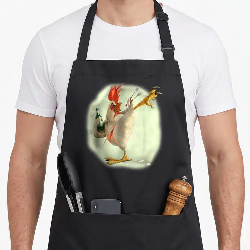 Beer chicken apron - Cartoon white rooster kicking with green bottle and two forks — shown on a black cotton canvas apron against a white background