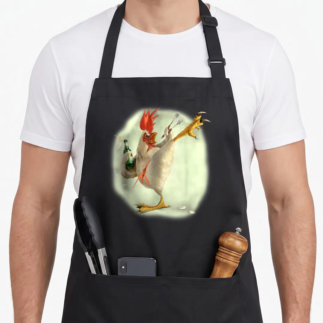 Beer chicken apron - Cartoon white rooster kicking with green bottle and two forks — shown on a black cotton canvas apron against a white background