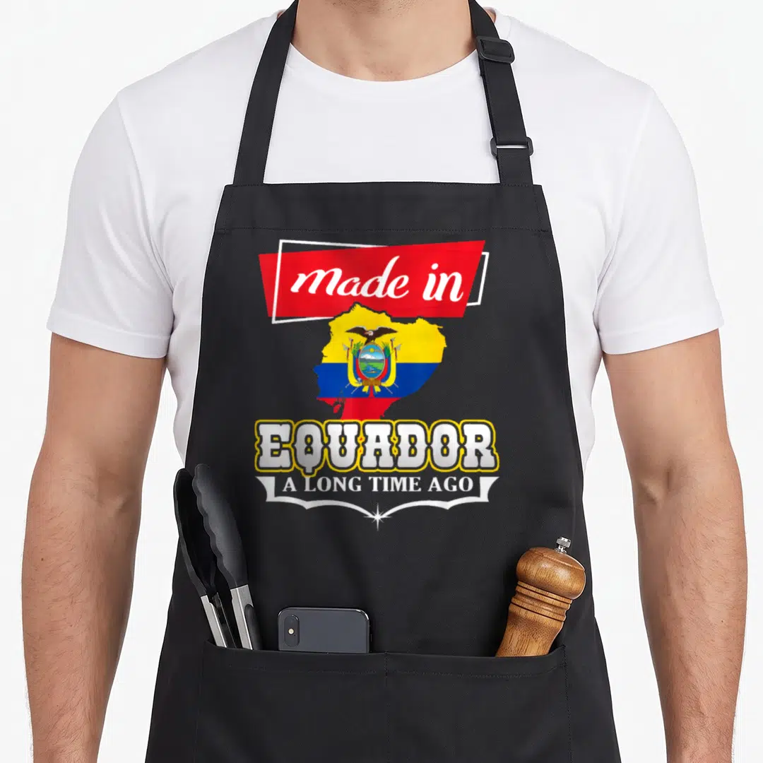 Ecuador quito apron - Retro map of Ecuador in flag colors with made in EQUADOR A LONG TIME AGO text — shown on a black cotton canvas apron against a white background