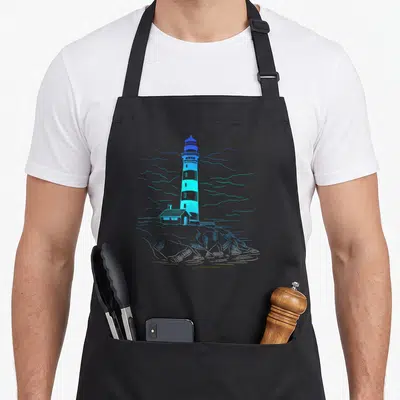 Lighthouse houseboat apron - Blue cyan white line art lighthouse tower with small house on rocks and stylized clouds — shown on a black cotton canvas apron against a white background
