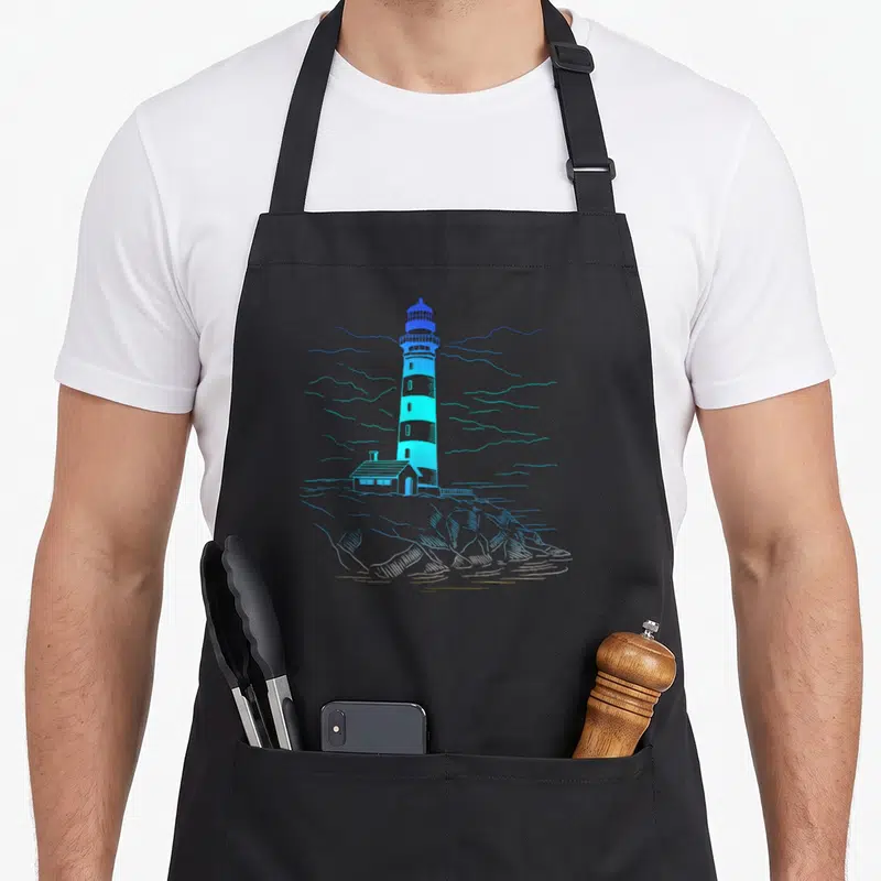 Lighthouse houseboat apron - Blue cyan white line art lighthouse tower with small house on rocks and stylized clouds — shown on a black cotton canvas apron against a white background