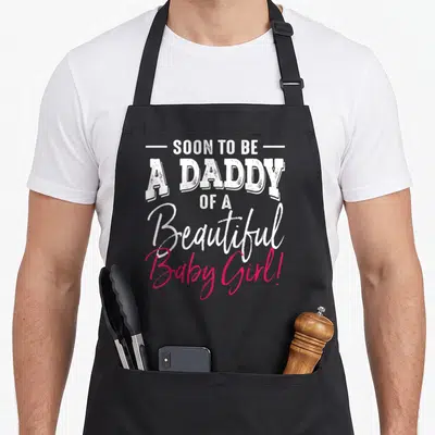 Expecting daddy apron - White and pink typography reading Soon To Be A Daddy Of A Beautiful Baby Girl — shown on a black cotton canvas apron against a white background