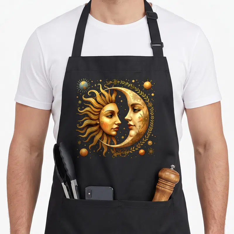 Celestial astrology apron - Realistic sun and moon faces facing each other surrounded by golden leaves and planets — shown on a black cotton canvas apron against a white background