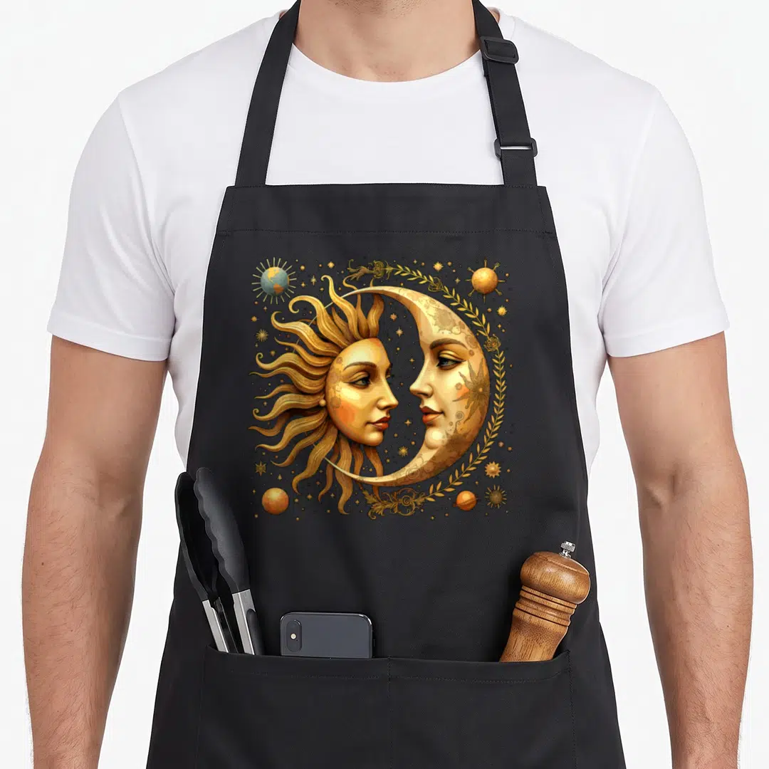 Celestial astrology apron - Realistic sun and moon faces facing each other surrounded by golden leaves and planets — shown on a black cotton canvas apron against a white background