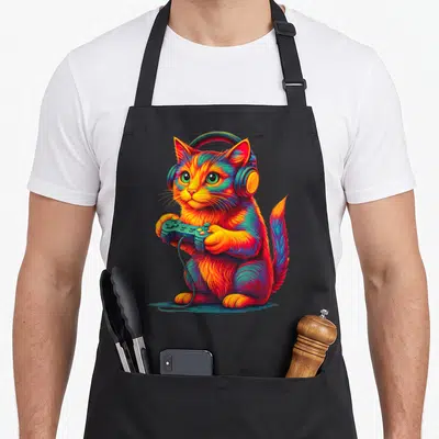 Cat video game apron - Rainbow cat with headphones holding game controller in cartoon style — shown on a black cotton canvas apron against a white background