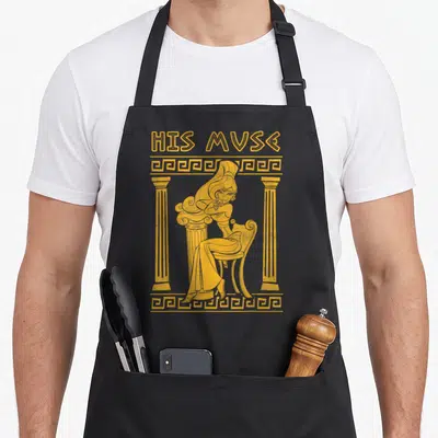 Megara valentine's day apron - Yellow line art of a woman sitting between columns with text HIS MUSE and greek key — shown on a black cotton canvas apron against a white background