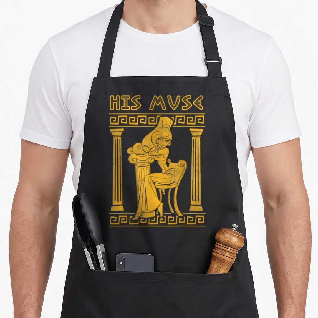 Megara valentine's day apron - Yellow line art of a woman sitting between columns with text HIS MUSE and greek key — shown on a black cotton canvas apron against a white background