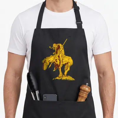 Trail native american apron - Gold line-art of a weary man on horseback holding a spear standing on ground — shown on a black cotton canvas apron against a white background