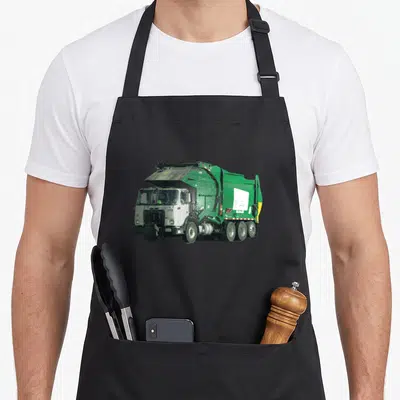 Trash garbage truck apron - Photo-style green and white garbage truck centered on grey background — shown on a black cotton canvas apron against a white background
