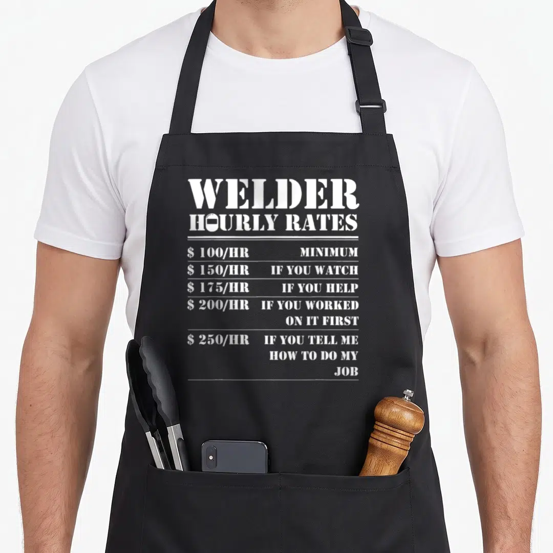 Distressed professional aprons - White stencil text listing welder hourly rates from 100 to 250 dollars per hour — shown on a black cotton canvas apron against a white background