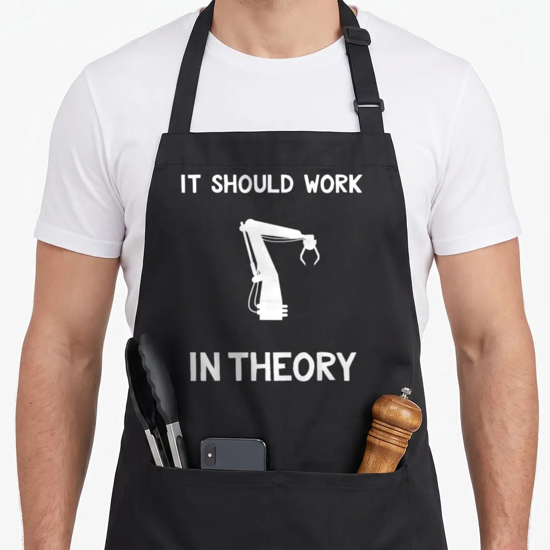 Robotic engineering apron - White robotic arm graphic between IT SHOULD WORK IN THEORY text — shown on a black cotton canvas apron against a white background