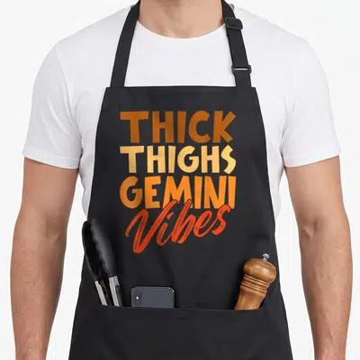 Horoscope thick aprons - Stacked text reading THICK THIGHS GEMINI Vibes in orange, tan, and red-orange fonts — shown on a black cotton canvas apron against a white background