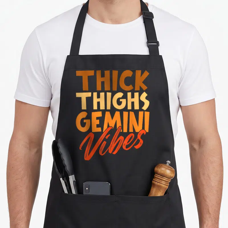 Horoscope thick aprons - Stacked text reading THICK THIGHS GEMINI Vibes in orange, tan, and red-orange fonts — shown on a black cotton canvas apron against a white background
