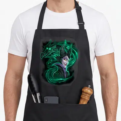 Magic beauty apron - Realistic Maleficent portrait with dragon head and glowing green energy swirls — shown on a black cotton canvas apron against a white background