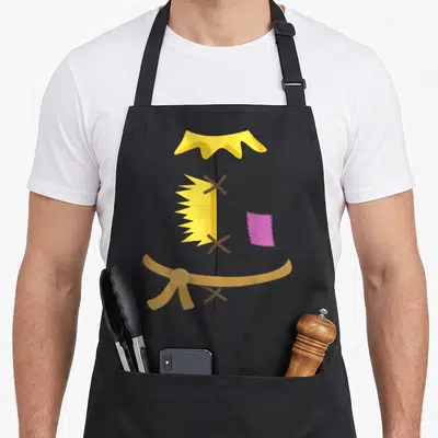 Costume wizard halloween apron - Geometric scarecrow with yellow body pink patch tan belt black pole — shown on a black cotton canvas apron against a white background