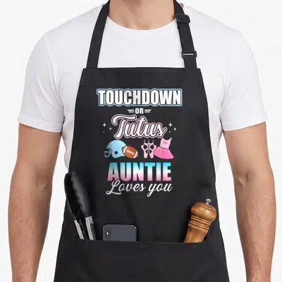 Tutus apron or apron - Touchdown or Tutus Auntie Loves you text with helmet, football, ballet shoes, and tutu in blue — shown on a black cotton canvas apron against a white background