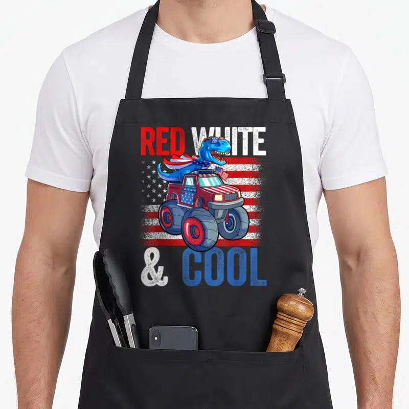 Dinosaur monster 4th of july apron - Blue dinosaur in monster truck over distressed red white blue flag with text — shown on a black cotton canvas apron against a white background