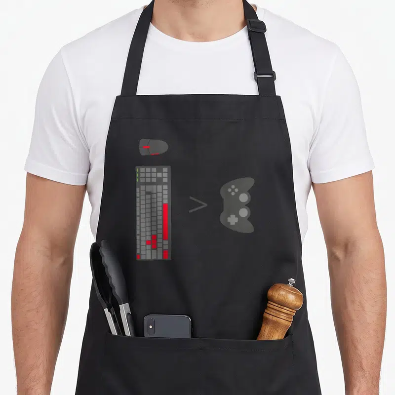 Console gaming apron - Grey keyboard mouse and controller with greater than symbol in minimalist style — shown on a black cotton canvas apron against a white background