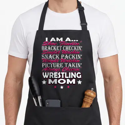 Wrestling mama apron - I AM A Shoe Findin Bracket Checkin Singlet Washin text with white and pink stars — shown on a black cotton canvas apron against a white background