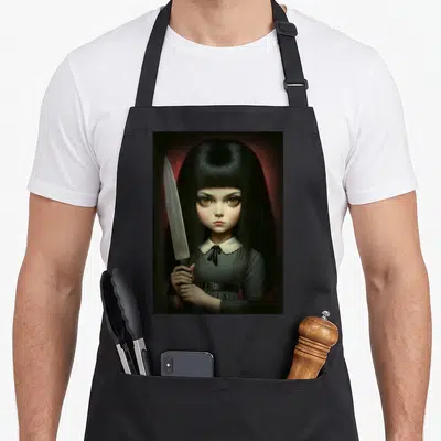 Sinister knife apron - Realistic girl with black hair holding large silver knife upright in right hand — shown on a black cotton canvas apron against a white background