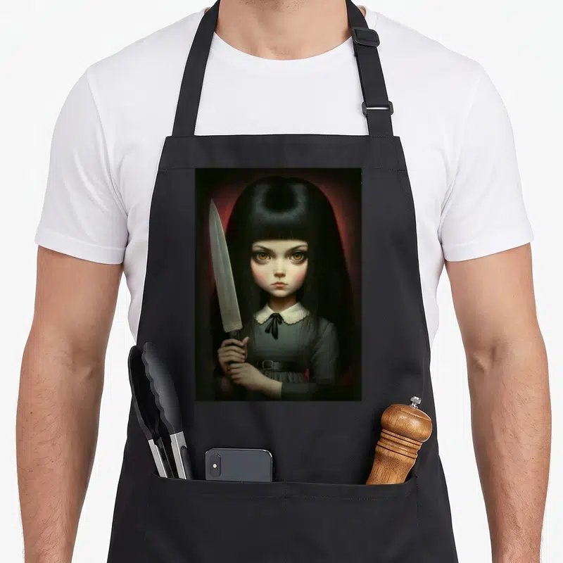 Sinister knife apron - Realistic girl with black hair holding large silver knife upright in right hand — shown on a black cotton canvas apron against a white background