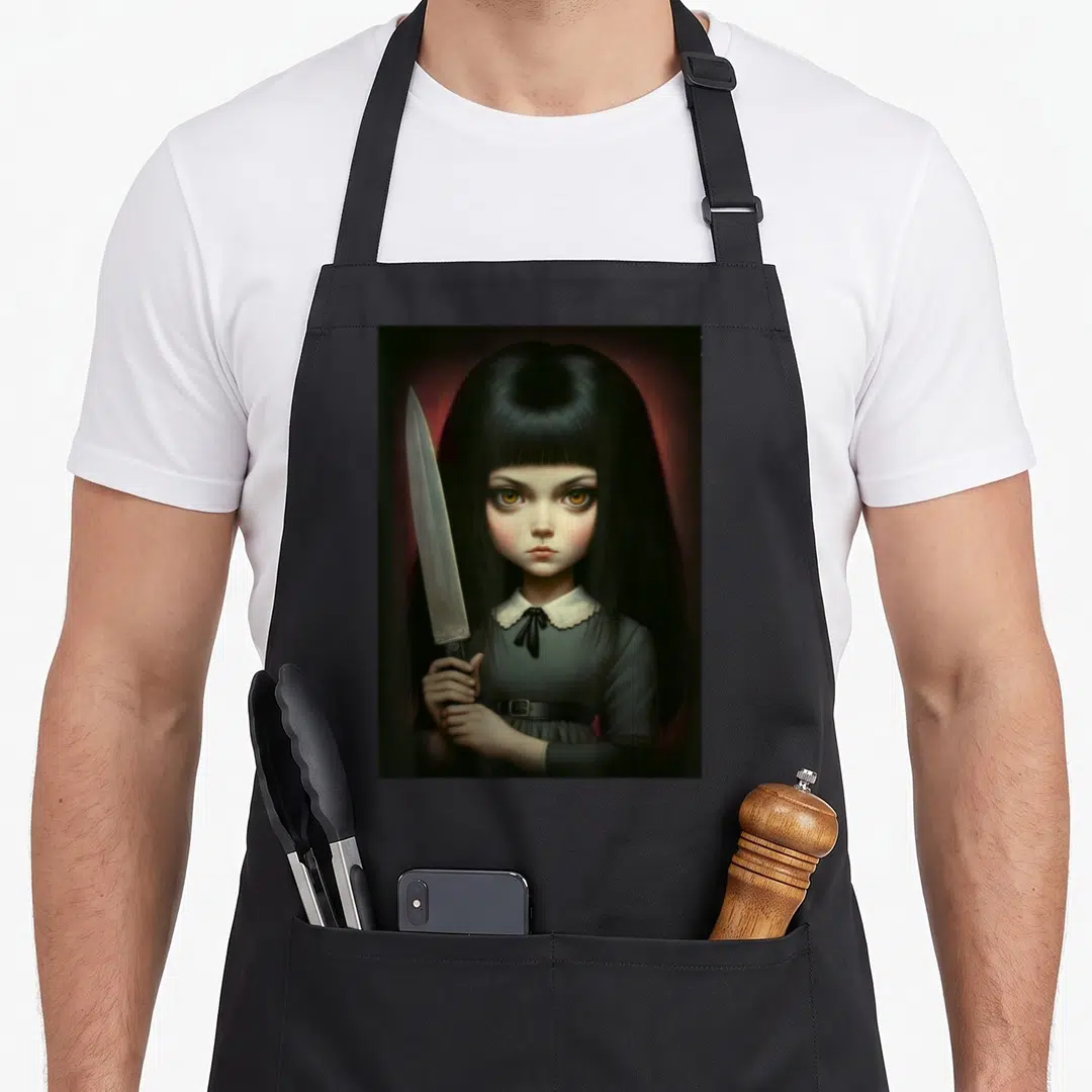 Sinister knife apron - Realistic girl with black hair holding large silver knife upright in right hand — shown on a black cotton canvas apron against a white background