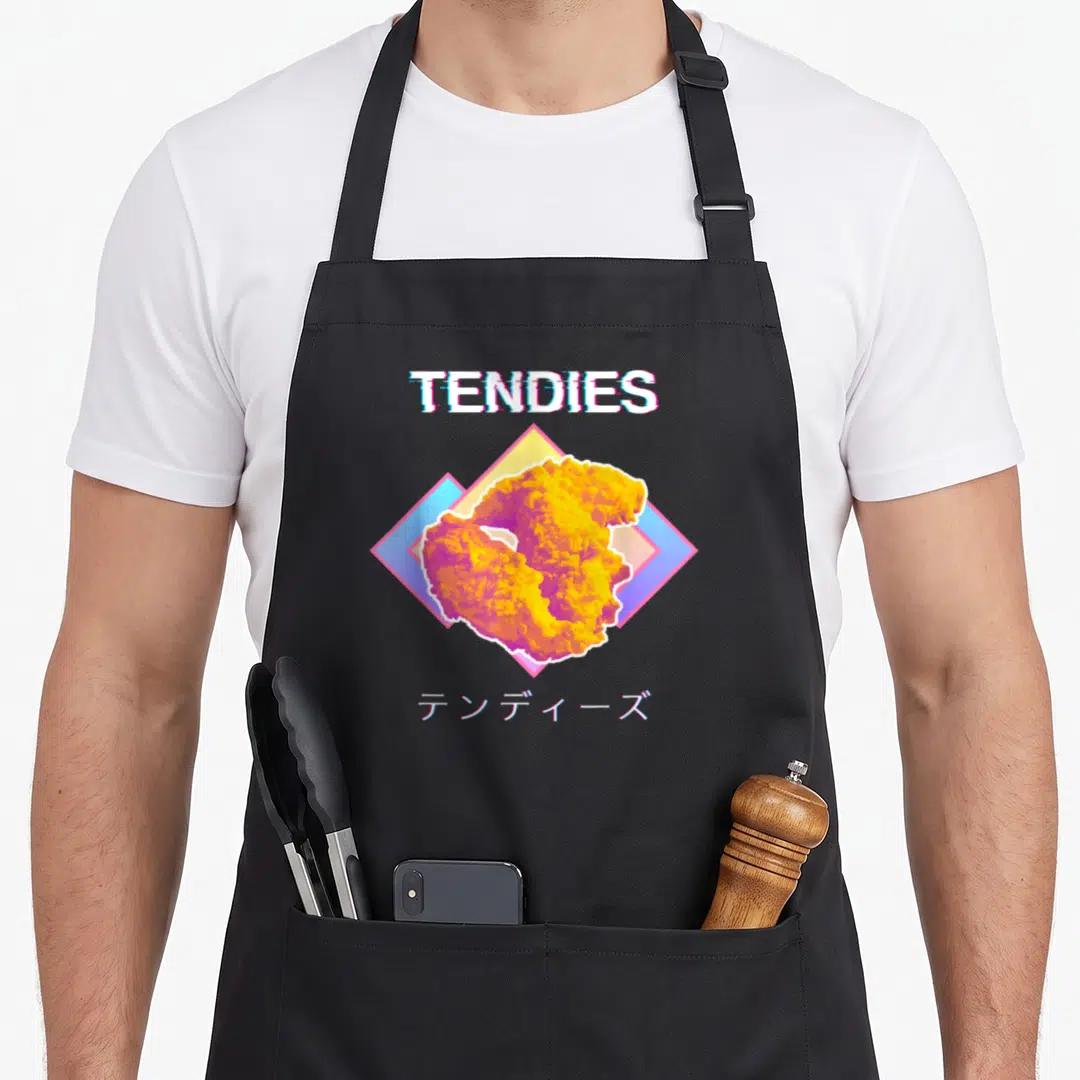 Vaporwave chicken apron - Retro TENDIES text above fried chicken tender over diamond shape with Japanese katakana below — shown on a black cotton canvas apron against a white background