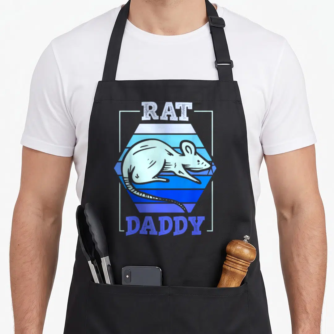 Animal daddy apron - Cartoon rat inside blue striped hexagon with RAT DADDY text — shown on a black cotton canvas apron against a white background