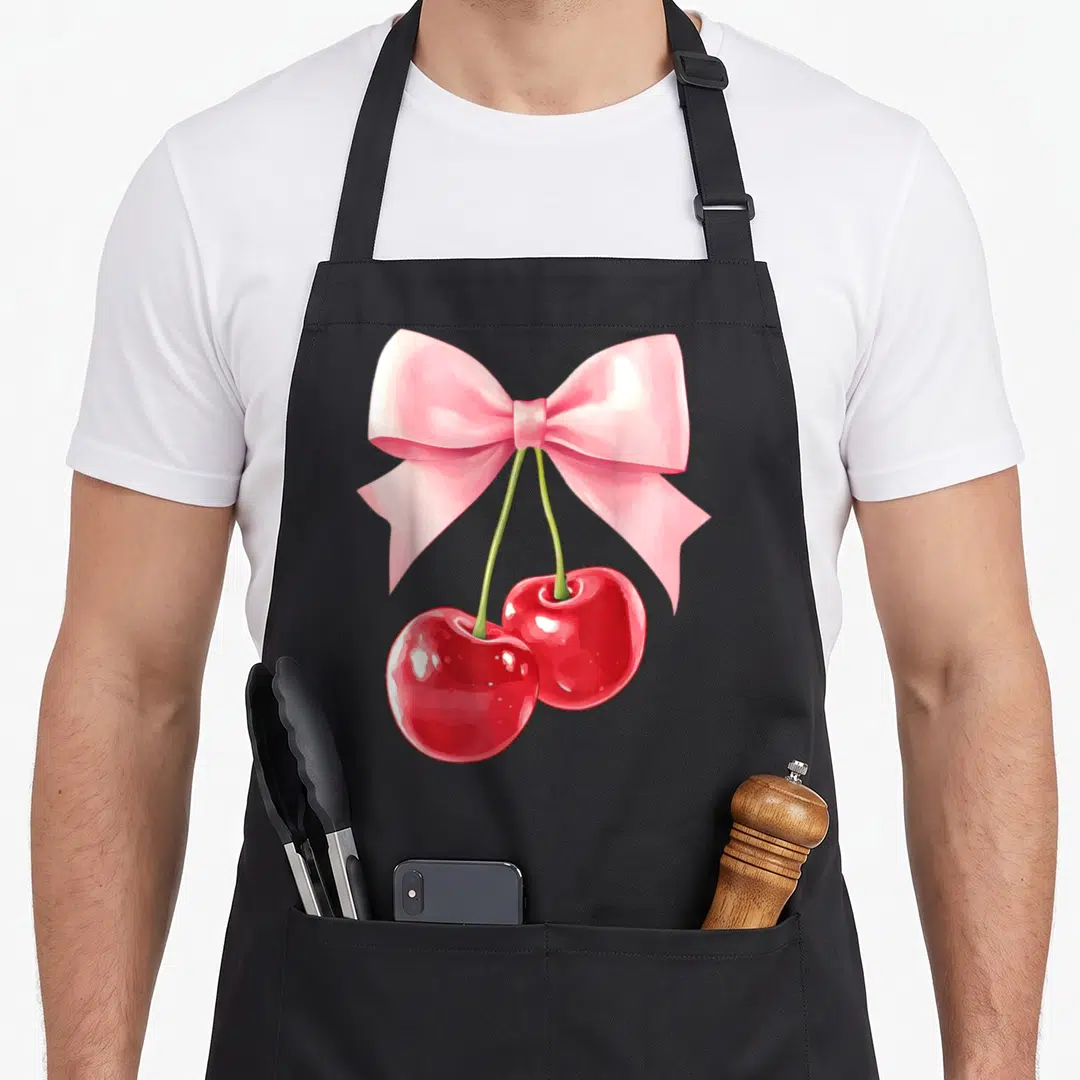 Coquette cherry apron - Pink bow tied above two red cherries on green stems — shown on a black cotton canvas apron against a white background