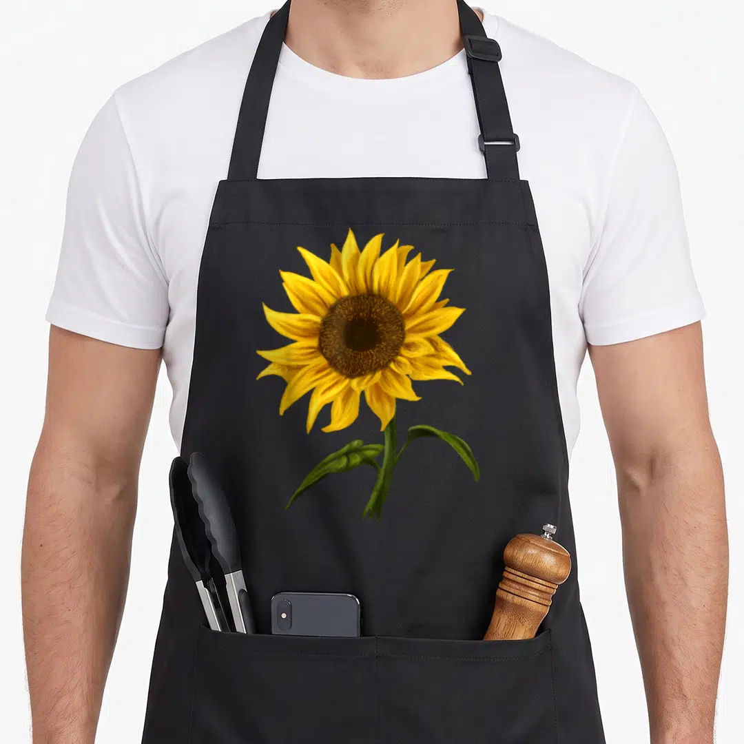 Sunshine floral apron - Realistic watercolor sunflower with yellow petals, brown center, and green stem and leaves — shown on a black cotton canvas apron against a white background