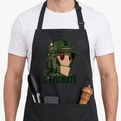 Showcase robot apron - Robot in green uniform with tan head and red eyes, G.I.ROBOT text arch — shown on a black cotton canvas apron against a white background