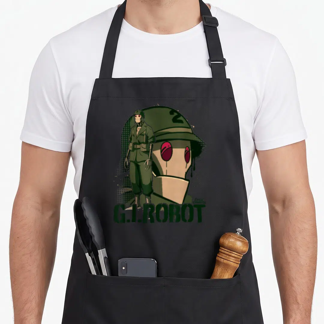 Showcase robot apron - Robot in green uniform with tan head and red eyes, G.I.ROBOT text arch — shown on a black cotton canvas apron against a white background