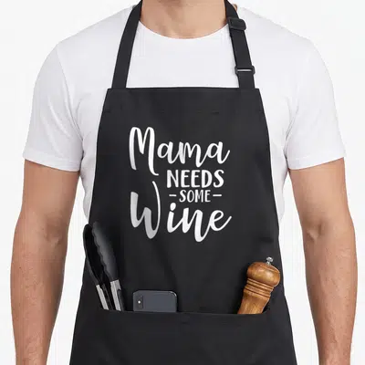 Mama wine aprons - White stacked typography reading Mama NEEDS some Wine on black fabric — shown on a black cotton canvas apron against a white background