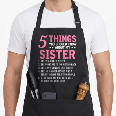 Should sister novelty apron - Pink and white 5 Things You Should Know About My Sister text with stars and numbered list — shown on a black cotton canvas apron against a white background