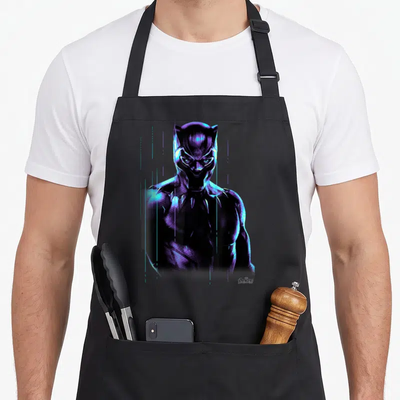 Neon infinity apron - Black Panther portrait with vertical blue and purple light streaks in photo style — shown on a black cotton canvas apron against a white background